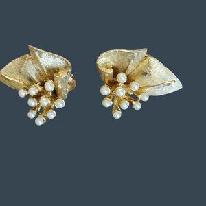 BSK Gold Tone Clip-On Earrings Faux Pearl Accents Floral Design